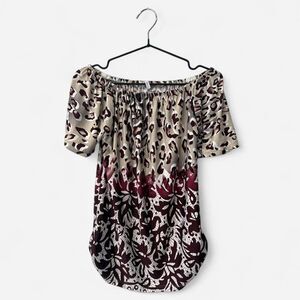 Whimsigoth Off-The-Shoulder Leopard Burgundy Print Blouse Animal Print XS/S